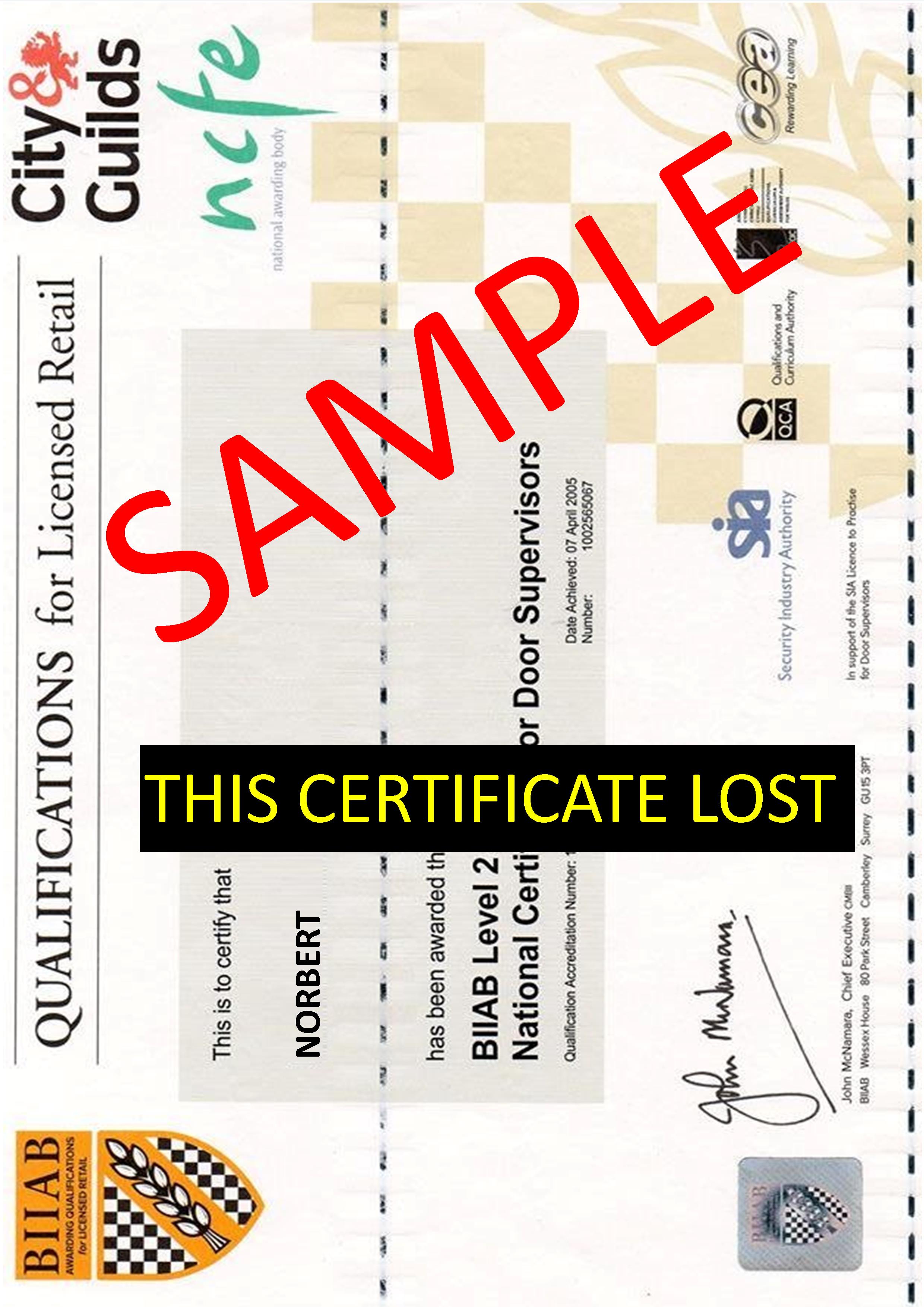 Door supervisior Certificate Sample