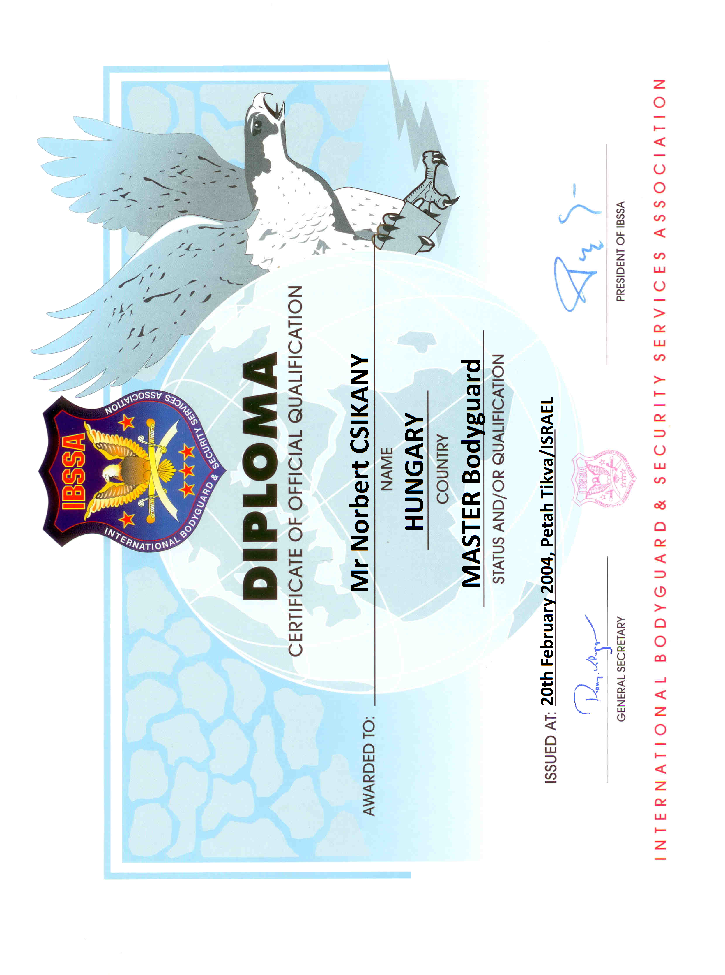 IBSSA Certificate - Master bodyguard