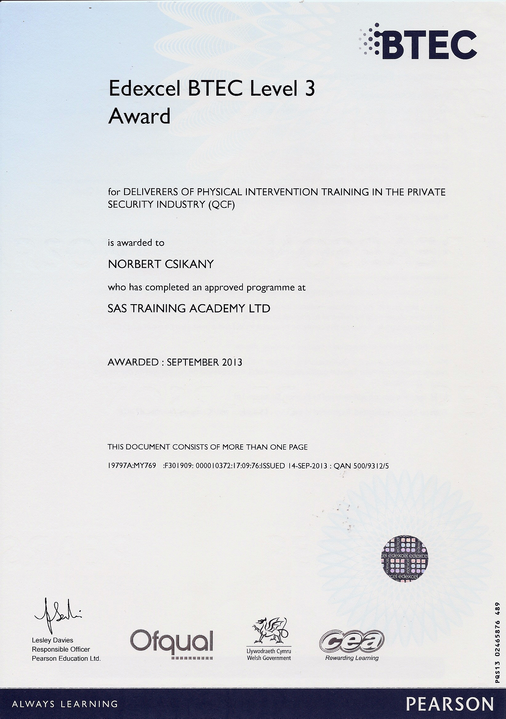 INSTRUCTOR CERTIFICATE OF PHYSICAL INTERVENTION