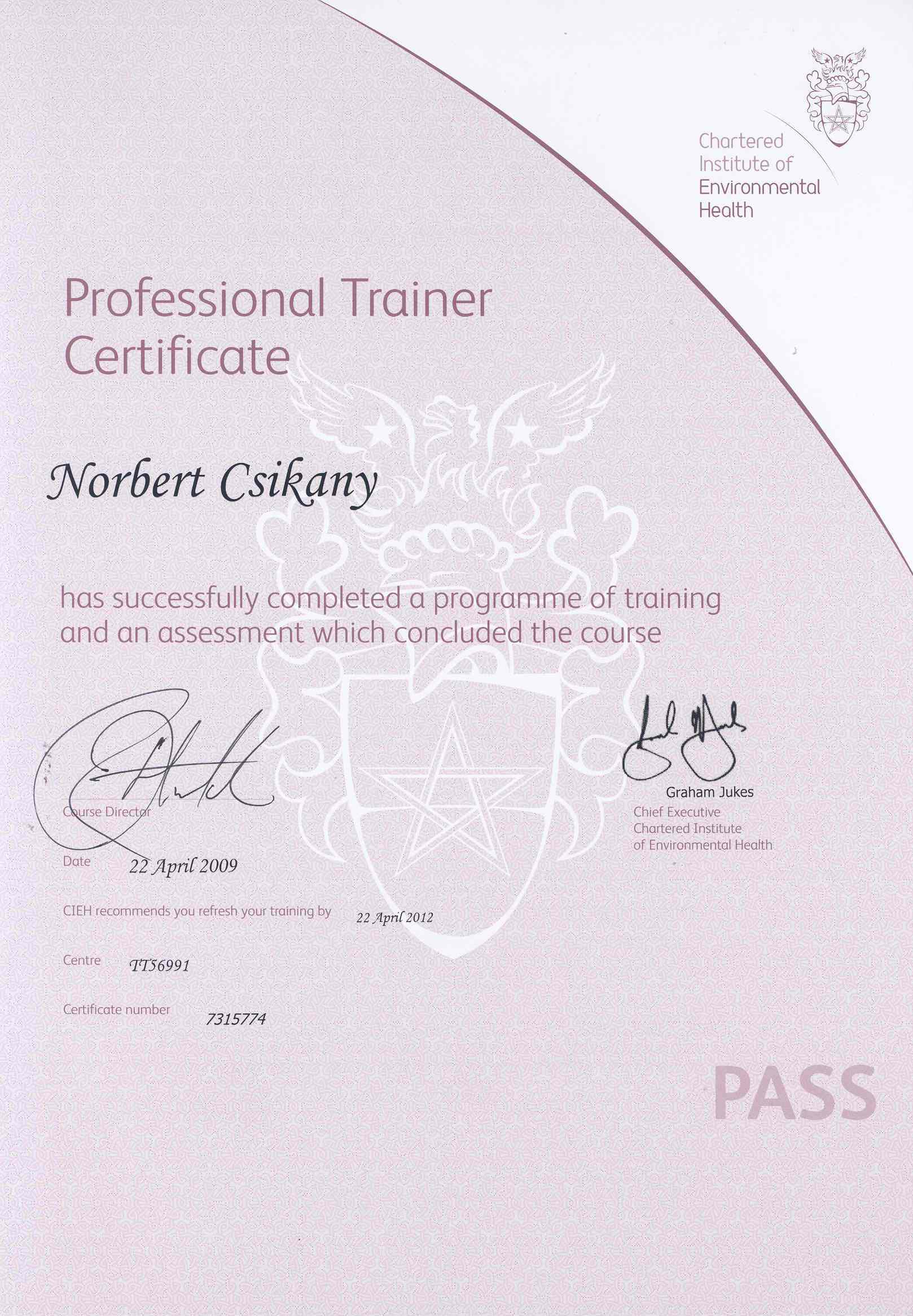 PROFESSIONAL TRAINER CERTIFICATE